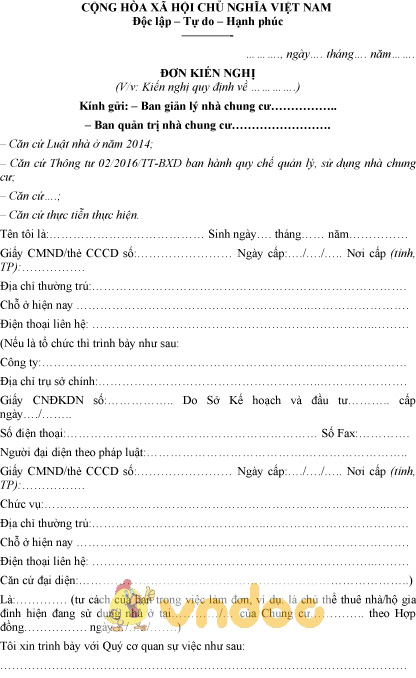 Mẫu đơn kiến nghị chung cư
