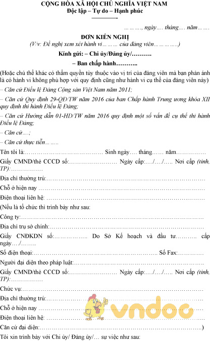 Mẫu đơn kiến nghị đảng viên