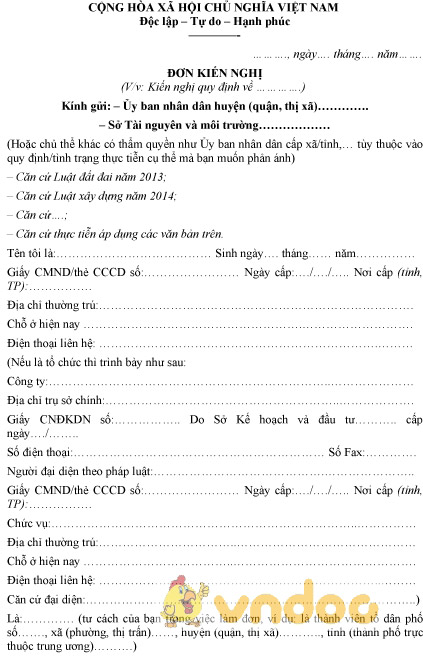 Mẫu đơn kiến nghị đất bị vi phạm