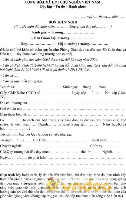 Mẫu đơn kiến nghị đổi giáo viên