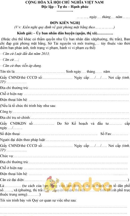 Mẫu đơn kiến nghị giải phóng mặt bằng