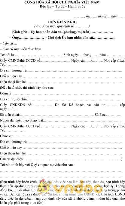 Mẫu đơn kiến nghị gửi xã
