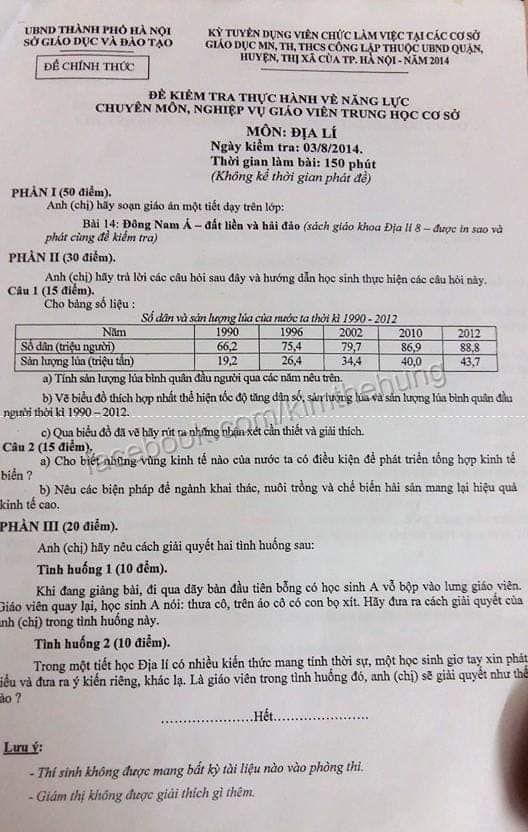 Đề khảo sát năng lực giáo viên môn địa