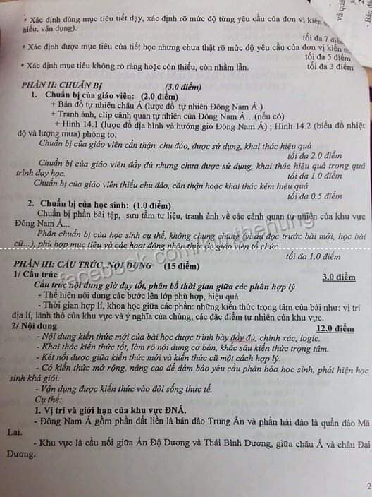Đáp án đề thi khảo sát năng lực giáo viên môn địa