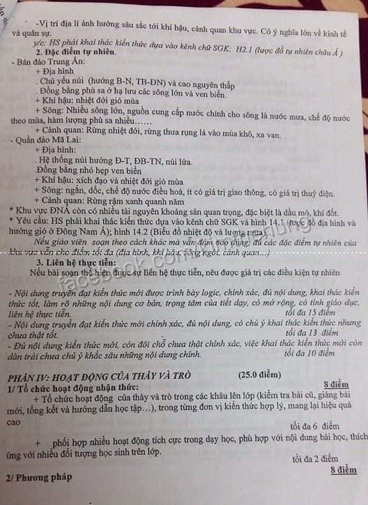 Đáp án đề thi khảo sát năng lực giáo viên môn địa