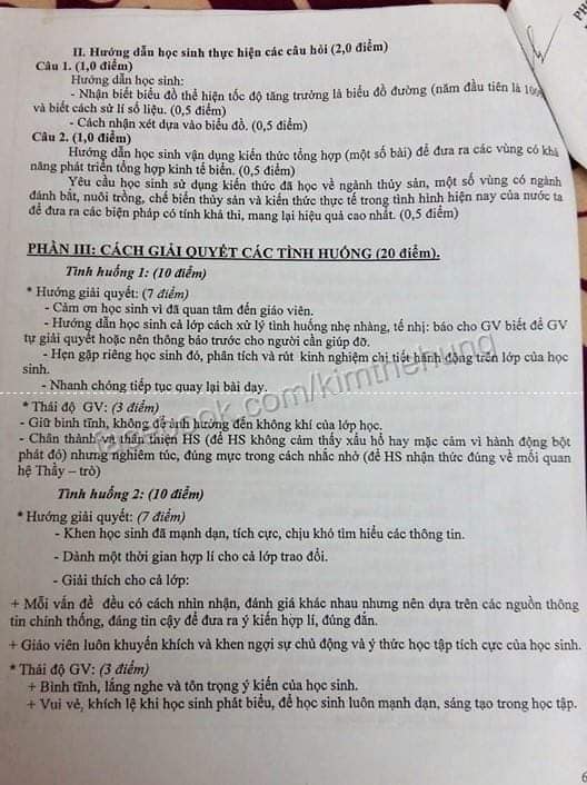 Đáp án đề thi khảo sát năng lực giáo viên môn địa