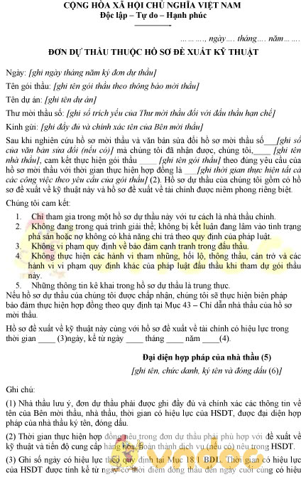 Mẫu đơn dự thầu thuộc hồ sơ đề xuất kỹ thuật