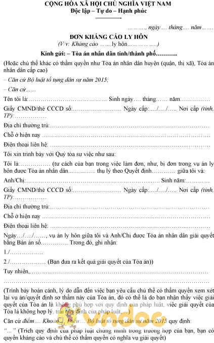 Mẫu đơn kháng cáo ly hôn