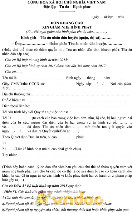 Mẫu đơn kháng cáo xin giảm nhẹ hình phạt