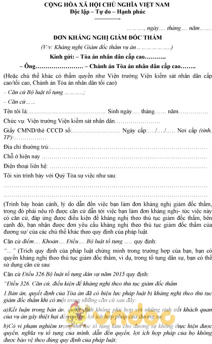Mẫu đơn kháng nghị theo thủ tục giám đốc thẩm