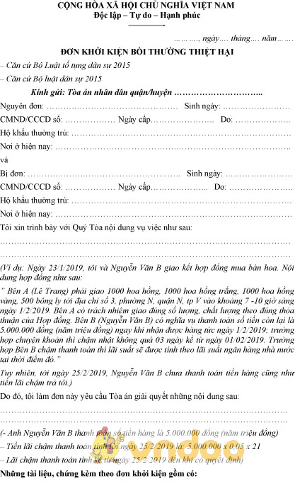 Mẫu đơn khởi kiện bồi thường thiệt hại 