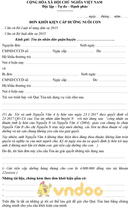 Mẫu đơn khởi kiện cấp dưỡng nuôi con
