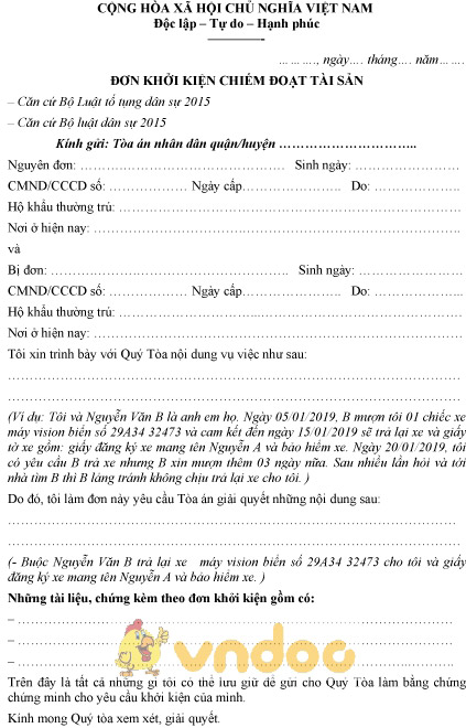 Mẫu đơn khởi kiện chiếm đoạt tài sản