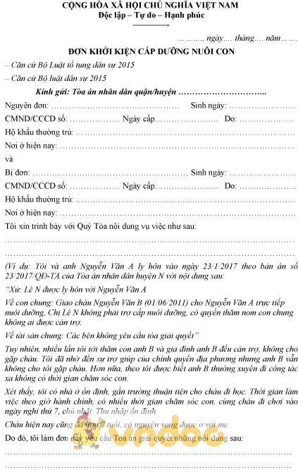 Mẫu đơn khởi kiện thay đổi quyền nuôi con