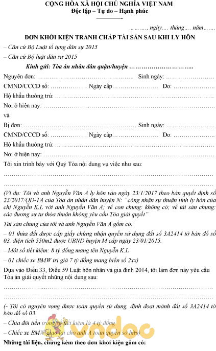 Mẫu đơn khởi kiện tranh chấp tài sản sau khi ly hôn