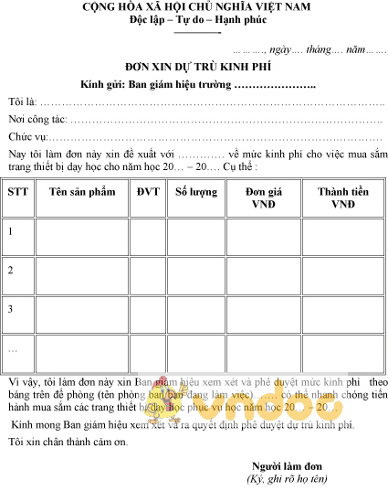 Mẫu đơn xin dự trù kinh phí