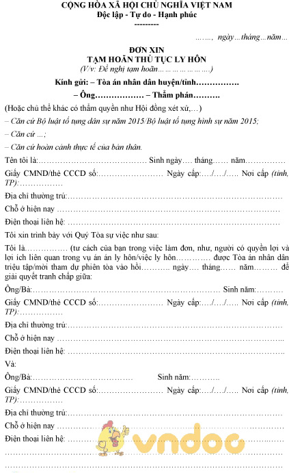 Mẫu đơn xin tạm hoãn thủ tục ly hôn