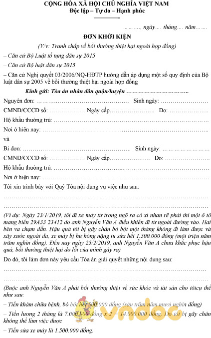 Mẫu đơn khởi kiện bồi thường thiệt hại ngoài hợp đồng