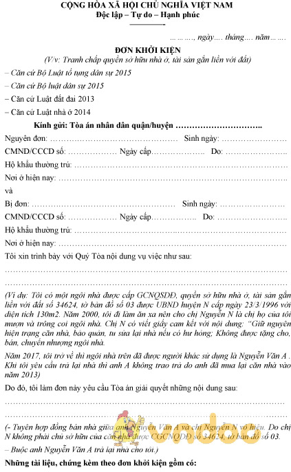 Mẫu đơn khởi kiện tranh chấp quyền sở hữu nhà ở, tài sản gắn liền với đất