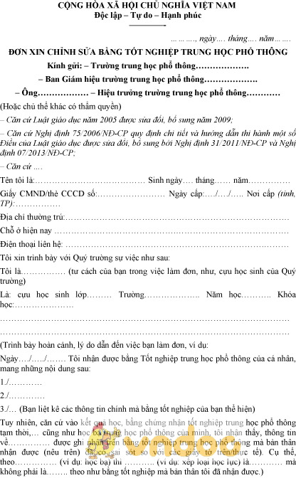 Mẫu đơn xin chỉnh sửa bằng tốt nghiệp trung học phổ thông