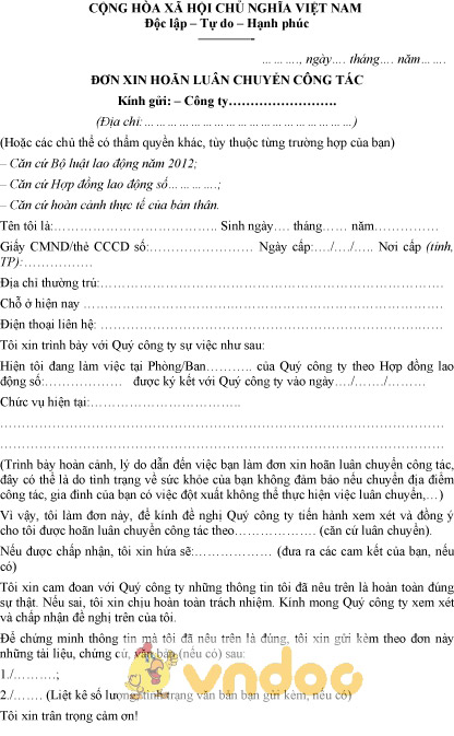 Mẫu đơn xin hoãn luân chuyển công tác