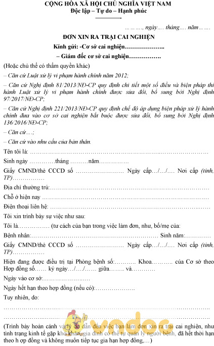 Mẫu đơn xin ra trại cai nghiện