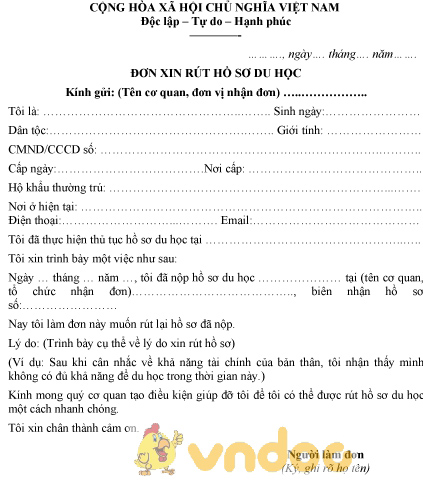 Mẫu đơn xin rút hồ sơ du học