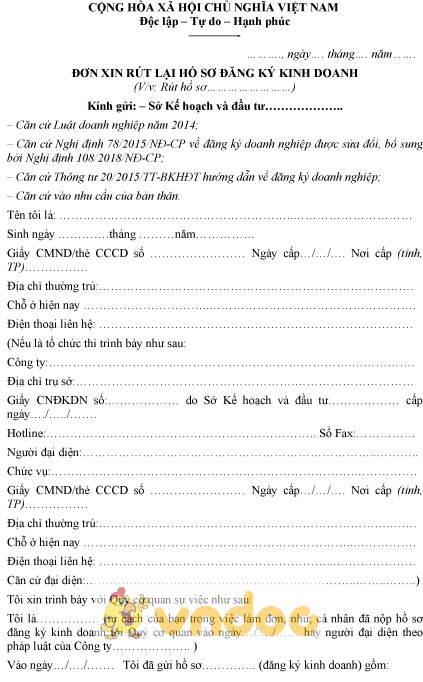 Mẫu đơn xin rút lại hồ sơ đăng ký kinh doanh