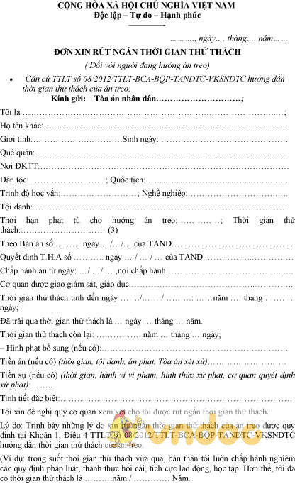 Mẫu đơn xin rút ngắn thời gian thử thách của án treo