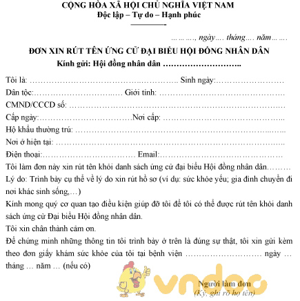 Mẫu đơn xin rút ứng cử đại biểu Hội đồng nhân dân