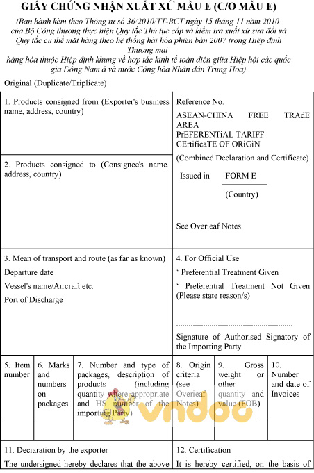 Mẫu giấy chứng nhận xuất xứ form E - CO form E