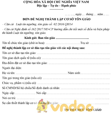 Mẫu đơn đề nghị thành lập cơ sở đào tạo tôn giáo