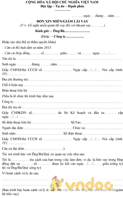 Mẫu đơn xin miễn giảm lãi vay