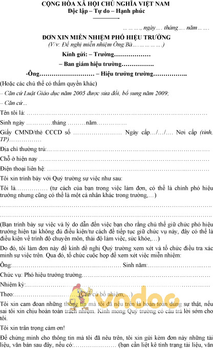 Mẫu đơn xin miễn nhiệm phó hiệu trưởng