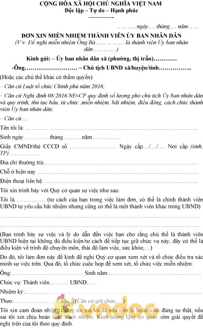 Mẫu đơn xin miễn nhiệm thành viên Ủy ban nhân dân