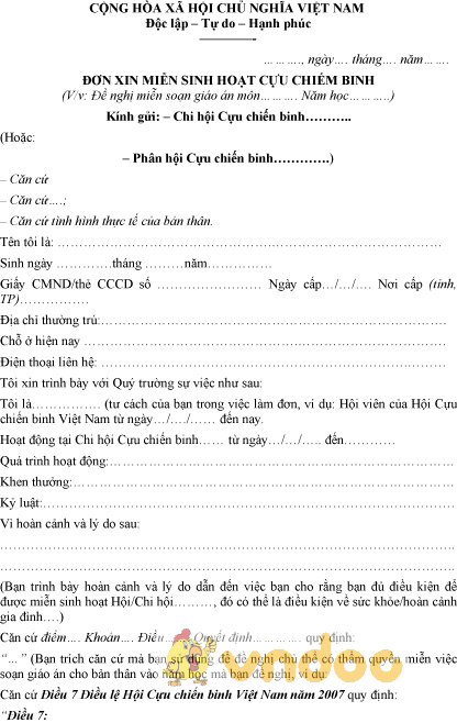Mẫu đơn xin miễn sinh hoạt cựu chiến binh