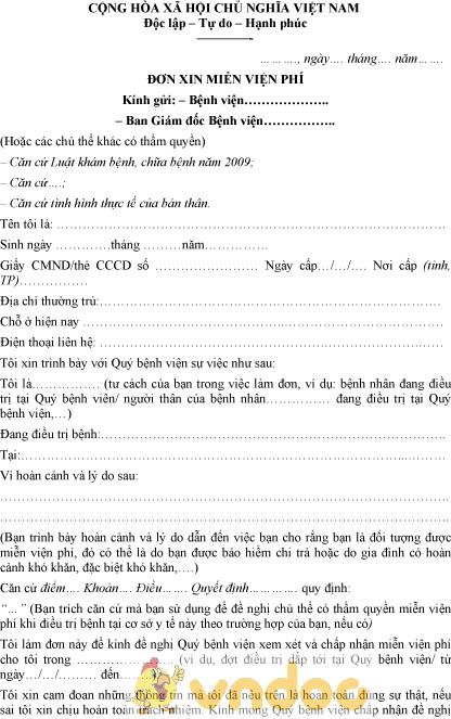 Mẫu đơn xin miễn viện phí