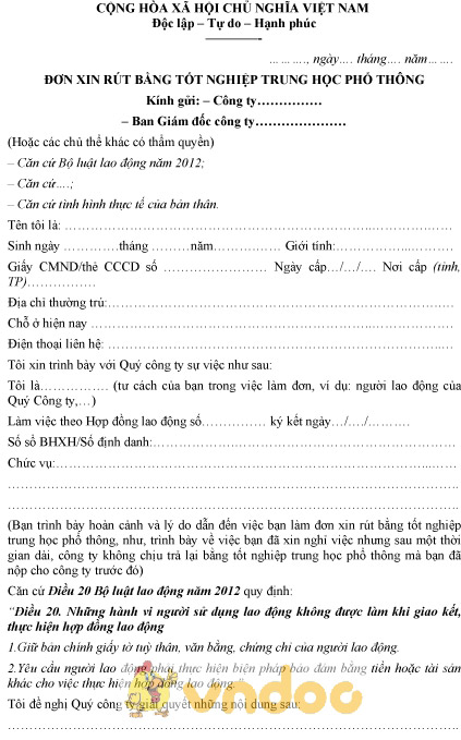 Mẫu đơn xin rút bằng tốt nghiệp trung học phổ thông