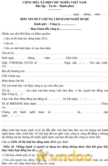 Mẫu đơn xin rút chứng chỉ hành nghề dược