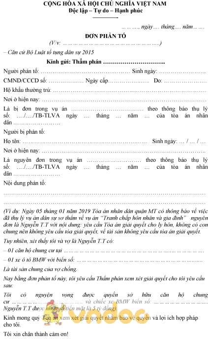 Mẫu đơn yêu cầu phản tố