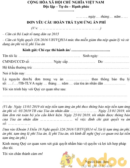 Mẫu đơn yêu cầu trả lại tạm ứng án phí