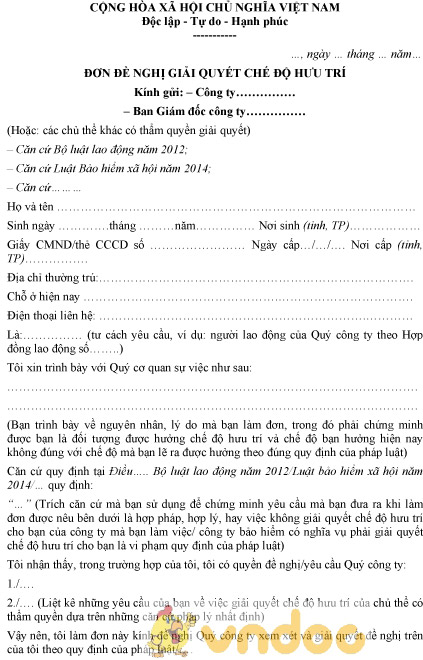 Mẫu đơn đề nghị giải quyết hưu trí