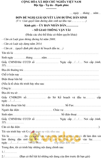 Mẫu đơn đề nghị giải quyết làm đường dân sinh