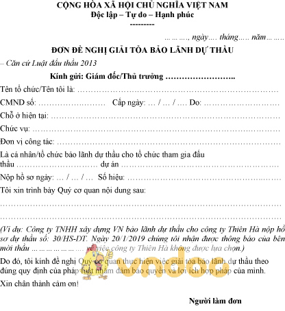 Mẫu đơn đề nghị giải tỏa bảo lãnh dự thầu