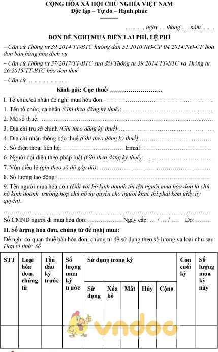 Mẫu đơn đề nghị mua biên lai phí lệ phí