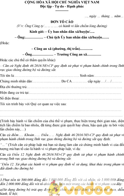 Mẫu đơn tố cáo lấn chiếm lòng đường