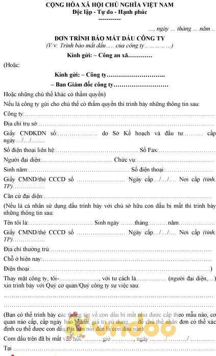 Mẫu đơn trình báo mất dấu công ty