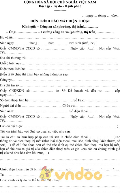 Mẫu đơn trình báo mất điện thoại