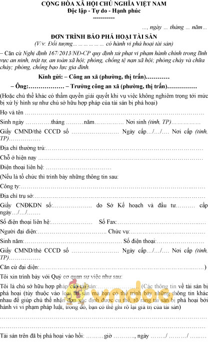 Mẫu đơn trình báo phá hoại tài sản