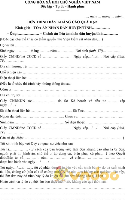 Mẫu đơn trình bày kháng cáo quá hạn